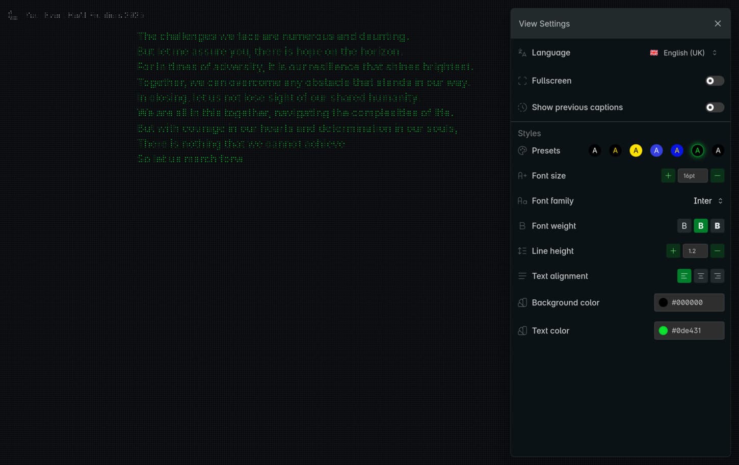 Caption View Settings
